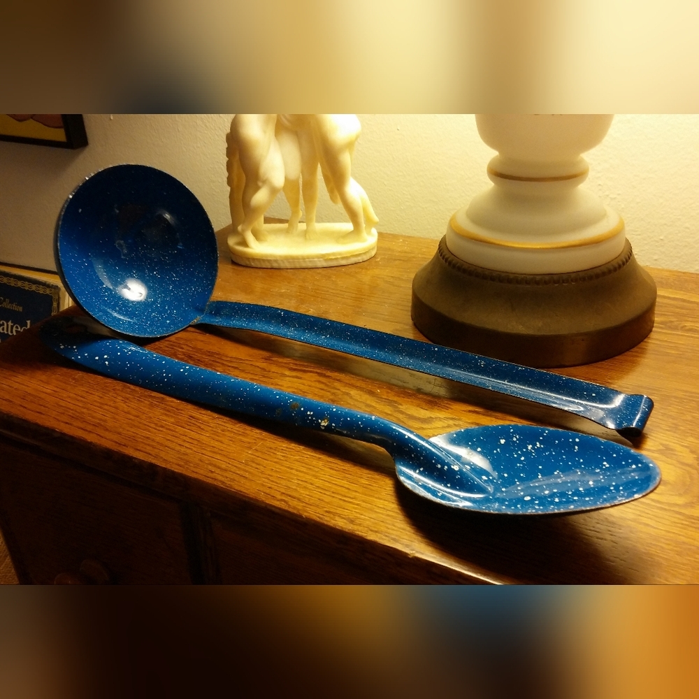 Vintage Blue Enamel Ladle and Spoon Set Pair of Camping Utensils